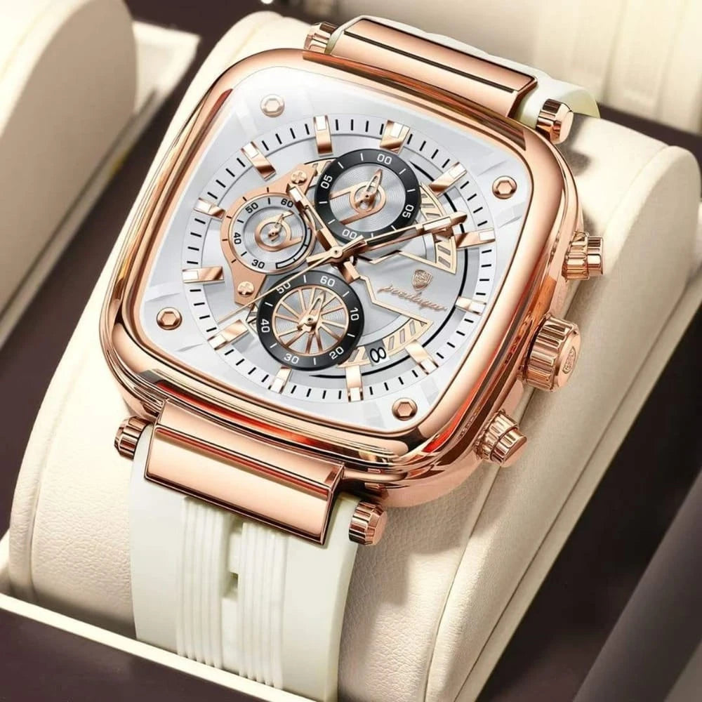 Poedagar Luxury Square Chronograph Rose Gold Edition White strap | Make Your Time Count