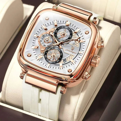Poedagar Luxury Square Chronograph Rose Gold Edition White strap | Make Your Time Count