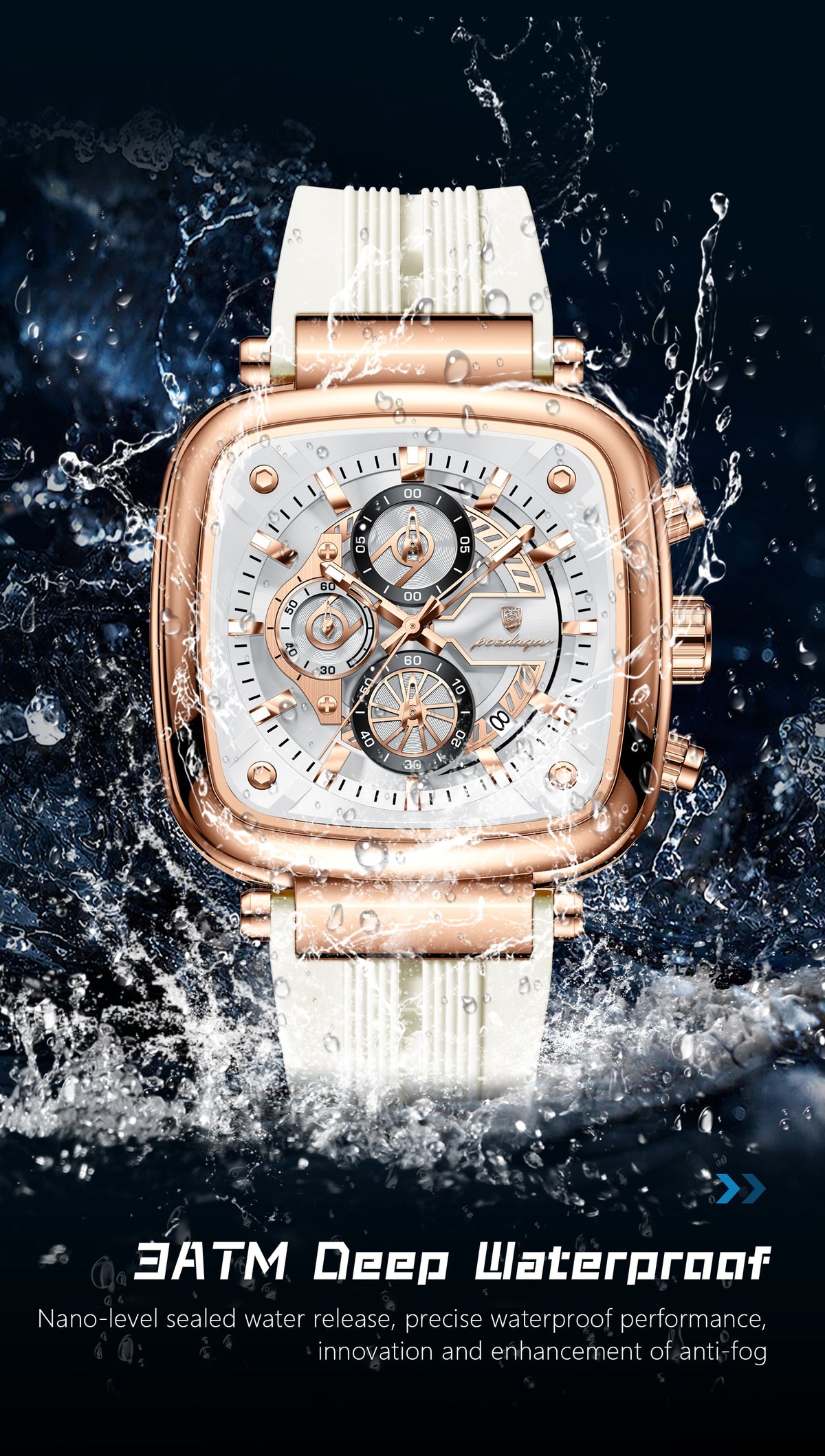 Poedagar Luxury Square Chronograph Rose Gold Edition White strap | Make Your Time Count