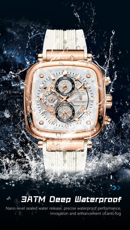 Poedagar Luxury Square Chronograph Rose Gold Edition White strap | Make Your Time Count