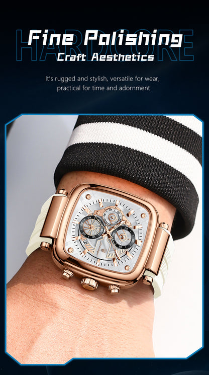 Poedagar Luxury Square Chronograph Rose Gold Edition White strap | Make Your Time Count