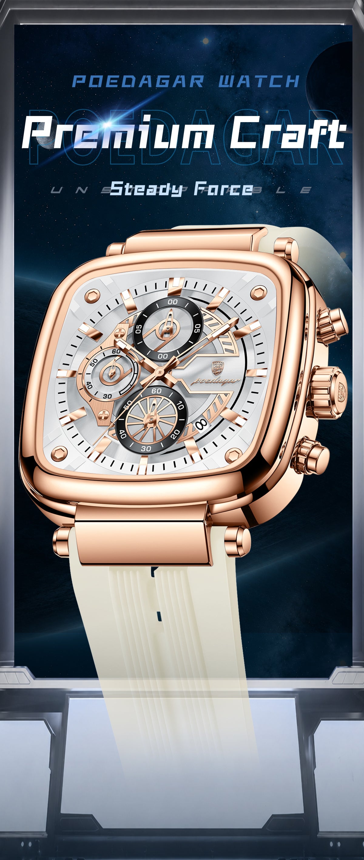 Poedagar Luxury Square Chronograph Rose Gold Edition White strap | Make Your Time Count