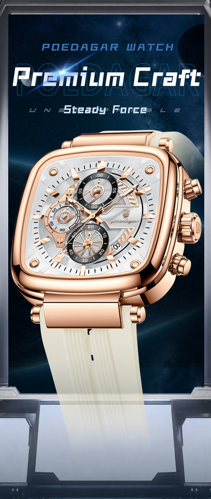 Poedagar Luxury Square Chronograph Rose Gold Edition White strap | Make Your Time Count