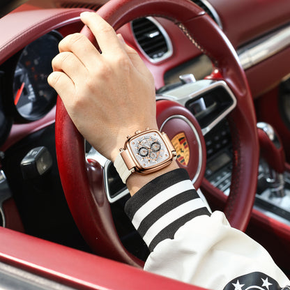 Poedagar Luxury Square Chronograph Rose Gold Edition White strap | Make Your Time Count